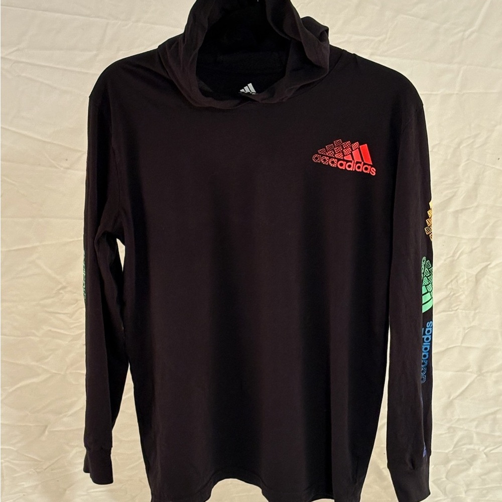 Adidas Black Hooded Tee with Vibrant Logos